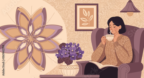 Illustration of a woman relaxing in a cozy armchair with a book and a warm drink.