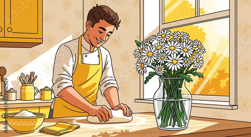 Illustration of a young man in a yellow apron kneading dough on a kitchen counter.