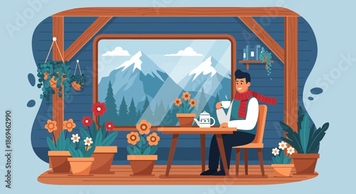 Man in a red scarf enjoying a hot cup of tea by the window.