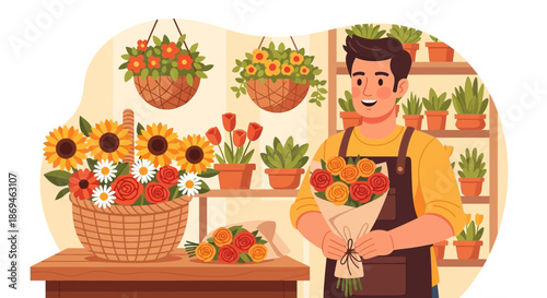 Smiling young male florist in an apron holding a colorful bouquet of flowers.