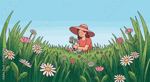 Smiling young girl in a large sun hat sitting in a field of flowers.