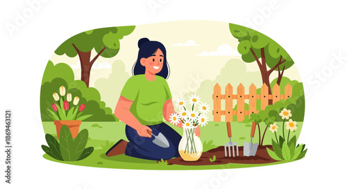 Smiling young woman with dark hair planting white flowers in a garden.
