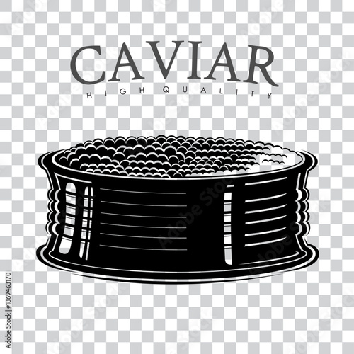 Open caviar tin with sturgeon roe. Monochrome vector Caviar logo or label on transparent background