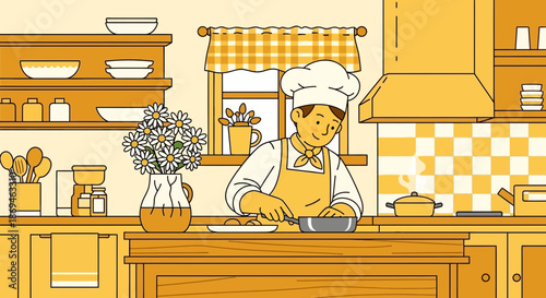 Young male chef in a white uniform and hat preparing food.