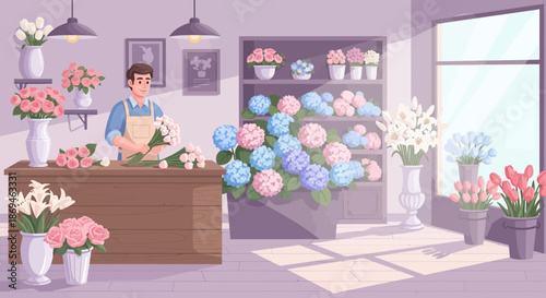 Young male florist entrepreneur happily arranging a flower bouquet.