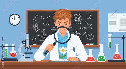 Young male student in a white lab coat looking through a magnifying glass.