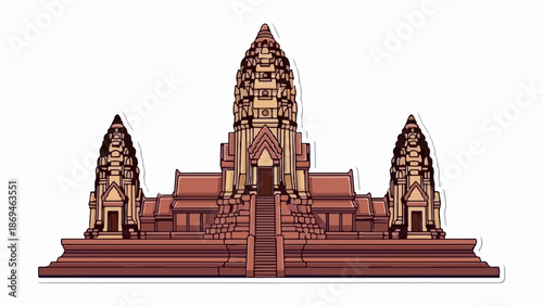 Ornate stone temple complex with tiered towers and grand staircase under a clear sky
