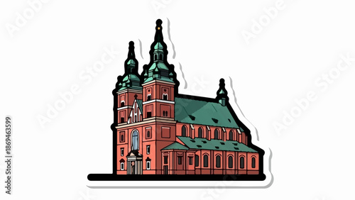 Ornate red brick building with green roofs and twin towers, sketched style