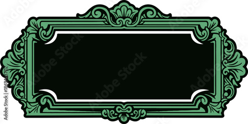 Ornate green frame with black central space, decorative scrollwork, and scalloped edges