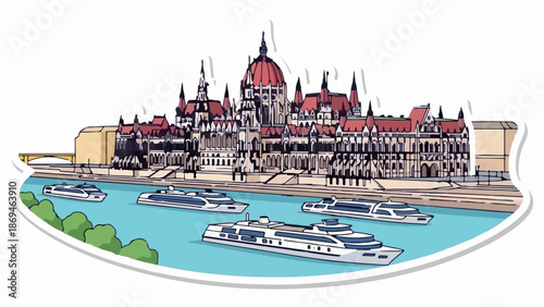 Ornate building on waterfront with several passenger boats on a river