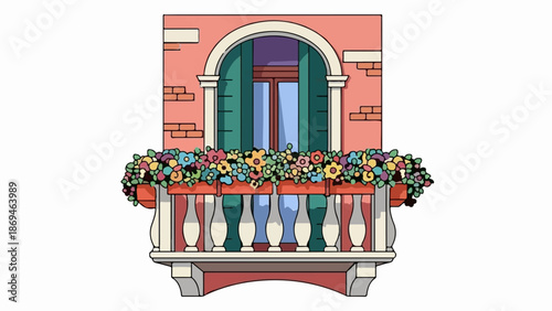 Ornate balcony with colorful flowers and arched window