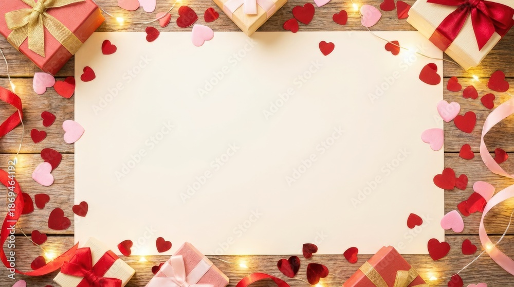 Obraz premium Valentine's day gift preparation home image of gifts and hearts cozy atmosphere top-down view romantic concept for celebrating love