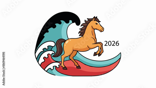 Orange horse with mane, tail, on a red surfboard, next to blue and white waves, with 2026