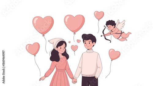 Couple holding hands surrounded by heart-shaped balloons and a cherub in a whimsical illustration