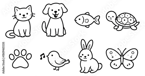 Hand drawn line art animal set featuring cute pets and wildlife for children's design