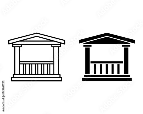 Two black and white classical building facade with columns and triangular pediments