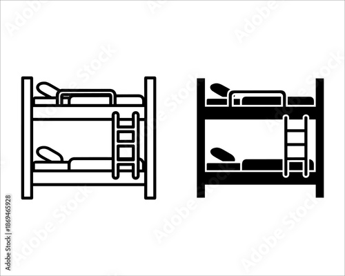 Two bunk beds with ladders and pillows in black and white line two beds