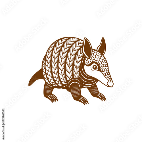 A stylized illustration of an armadillo with intricate patterns on its shell and body, presented in a warm brown hue against a white background.