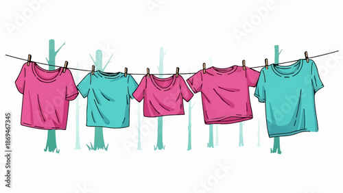 Pink and teal t-shirts hanging on a clothesline with stylized trees in the background