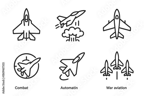 Set of fighter jet icons illustrating combat and war aviation themes