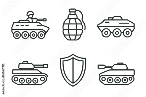 Military equipment icons: tanks, armored vehicle, grenade, shield for defense design