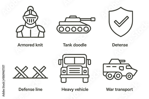 Defense icons: knight, tank, shield, barricade, truck, armored vehicle illustrations