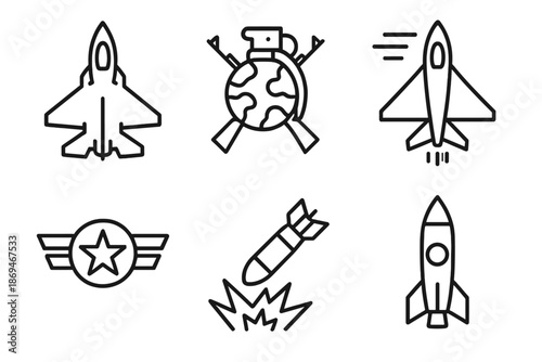 Icon set of military weapons and aircraft: fighter jet, bomb, missile, emblem, globe