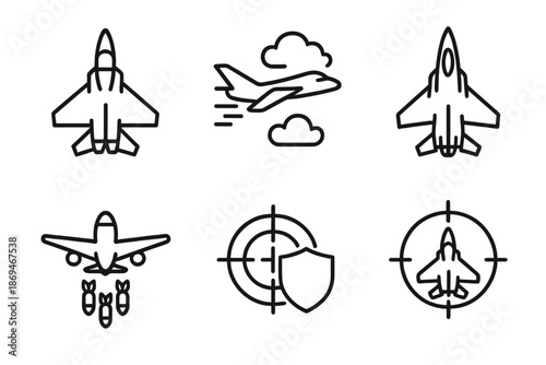 Outline icons of military and commercial aircraft with radar and target symbols
