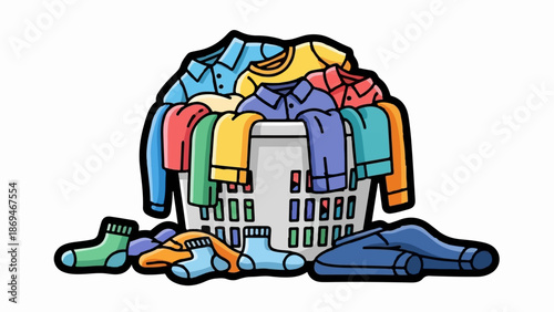 Pile of colorful clothes overflowing from a laundry basket with socks and trousers scattered around