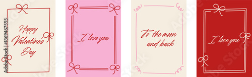 Valentine greeting card set with bow frames and handwritten love quotes on pink beige and red backgrounds romantic holiday design