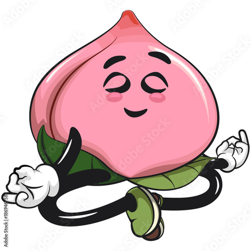 kawaii peach fruit cartoon character mascot illustration meditating, work of hand drawn