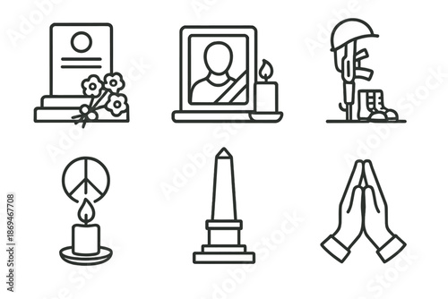 Memorial symbols: gravestone, portrait, military gear, peace candle, monument, praying hands