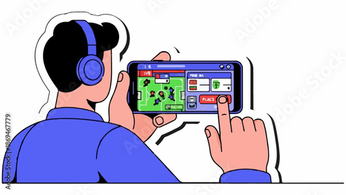 Person with headphones playing a soccer game on a smartphone