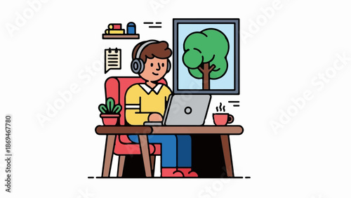 Person with headphones working on a laptop at a desk with a plant, cup, and artwork