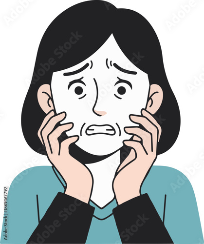 Person with hands on cheeks, showing a panicked, anxious expression with wide eyes and furrowed brow