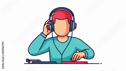 Person with headphones at a turntable, mixing music