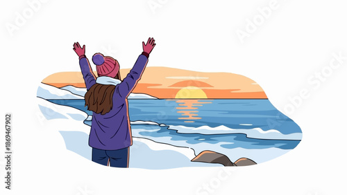 Person with arms raised watching a serene sunset over a calm, icy ocean
