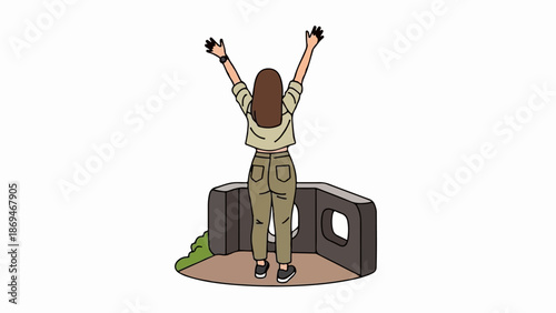 Person with arms raised in a celebratory pose, standing on a raised platform