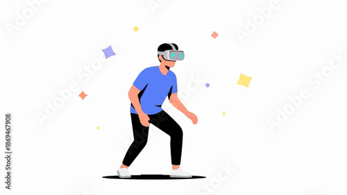 Person wearing virtual reality headset surrounded by abstract shapes