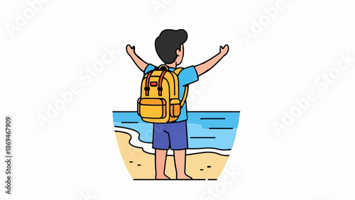 Person with backpack on beach, arms raised in excitement, ocean in background
