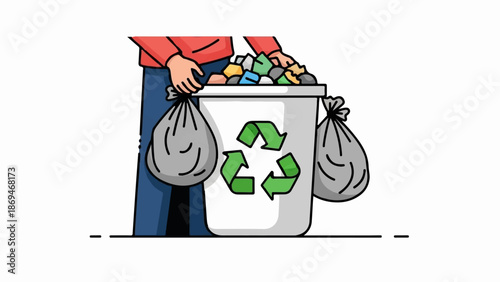 Person sorting trash near recycling bin with bags