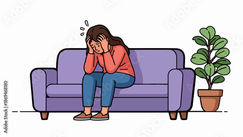 Person sitting on couch with hands on head looking distressed next to a potted plant