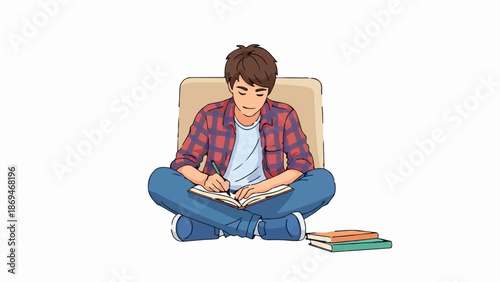 Person sitting cross-legged, writing in a book, with other books nearby