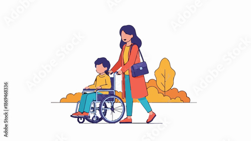 Person pushing another in wheelchair outdoors, with autumn trees