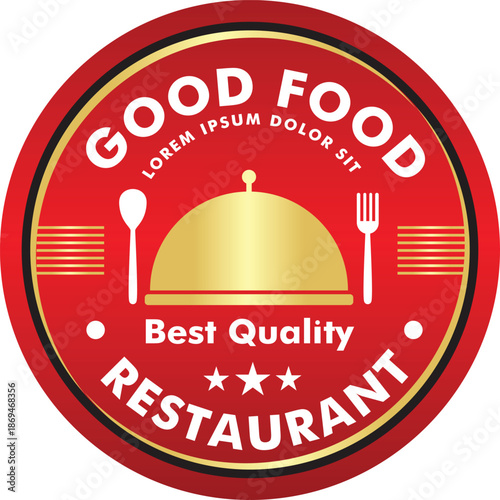 Red and gold food restaurant emblem with serving plate spoon and fork best quality