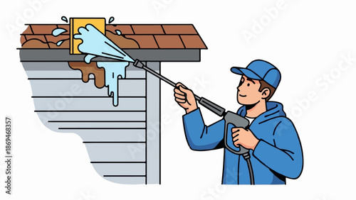 Person pressure washing house exterior and gutter
