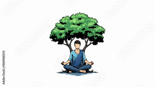 Person meditates in lotus pose under a leafy green tree