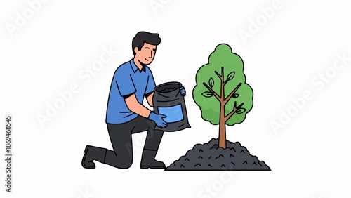 Person kneeling with bag of soil by a young tree