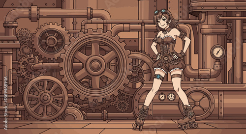 Steampunk Girl and Black Cat Illustration with Intricate Mechanical Background.