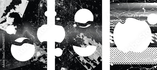 Grungy textured poster layers set. Design element for brochure, social media, posters, flyers. Overlay texture.Textured banner with Distress effect .Vector halftone dots . Screen print texture
